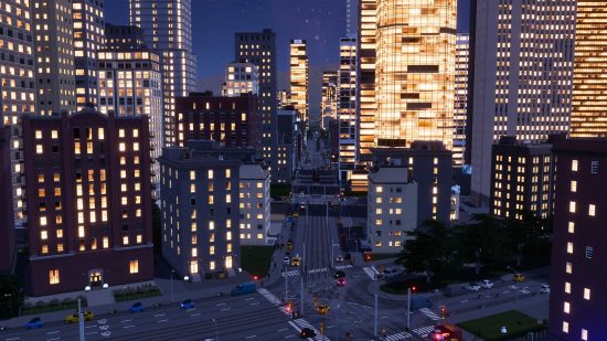 Cities Skylines 2 maps: the city skyline shows lights glowing in the night and a street intersection with traffic lights and cars