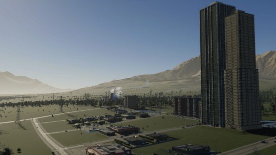Cities Skylines 2 money: a skyscraper with a mountain in the background.