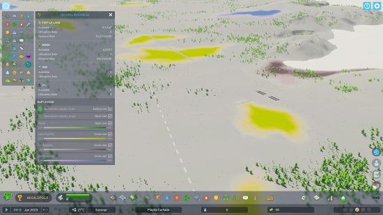 Cities Skylines 2 money: glowing spots in the landscape showing the location of natural resources.