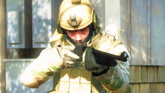 Counter-Strike 2 invites: A soldier in tactical gear holds a shotgun in Valve FPS game CSGO