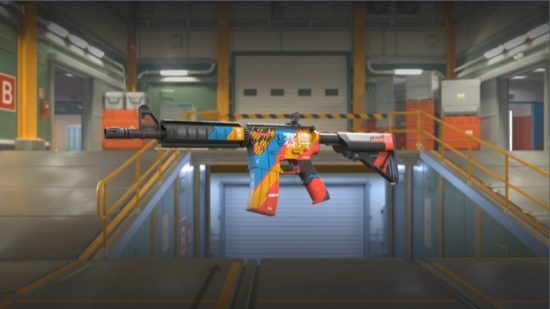 Counter-Strike 2 skins: an assault rifle spraypainted orange and blue.