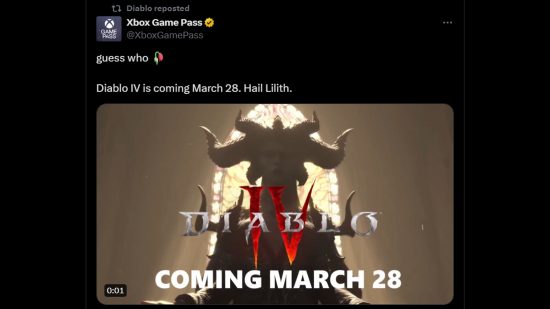 A Twitter announcement from Xbox Game Pass revealing the Diablo 4 Game Pass release date.