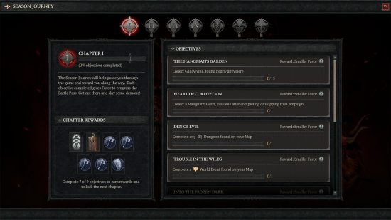 A in-game screen showing the Season Journey, a seasonal mechanic in which you can earn the Diablo 4 Scroll of Amnesia.