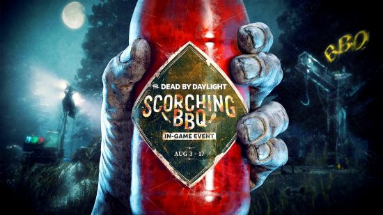 A dirty hand holds a bottle of 'scorching bbq' sauce to celebrate the DBD Scorching Summer BBQ event and tome.