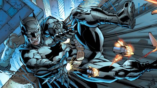 DC Dual Force release date: Batman is firing projectiles while being knocked back from a particularly nasty punch.