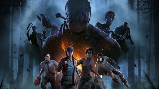 An image of some of the main survivor character's from Dead by Daylight, with the killers looming above them.
