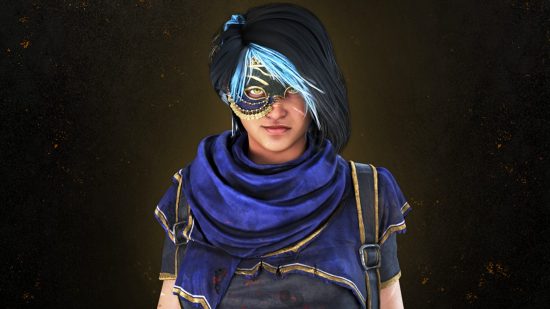 You'll finally be able to finish DBD's new community challenges: A woman with black hair with a blue fringe wearing a golden masquerade mask stares into the camera wearing a blue scarf