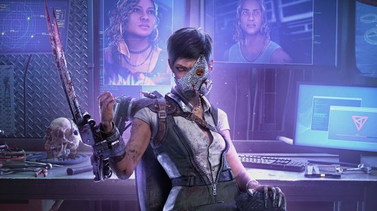 Don't expect Dead by Daylight's DC penalties to disappear: A woman with short dark hair wearing a bejeweled gas mask that covers one eye with a huge blade attached to her wrist sits in front of a computer setup with two people's faces showing on the screens