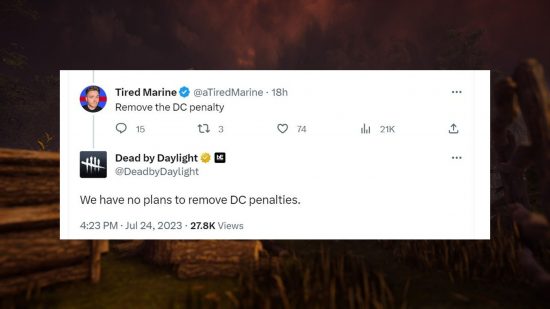 Don't expect Dead by Daylight's DC penalties to disappear: A Twitter response from DBD developers Behaviour Interactive about DC penalties in Dead by Daylight on a creepy background