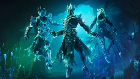 Three warriors on underwater-themed armor float in a glowing underwater cavern wearing ornate spiked armor