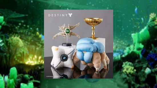 An image from the Bungie merch store showing a ghost shell plush, figurine, golden chalice and warped four-legged alien plush
