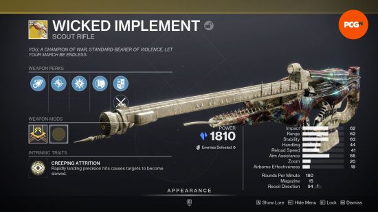 Destiny 2 Wicked Implement rolls with some impressive stats and the scout rifle is a light beige with iridescent details