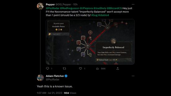 Diablo 4 Necromancer bug - Twitter user @OG_Pepper writes: "Hey just FYI the Necromancer talent "Imperfectly Balanced" won't accept more than 1 point (should be a 3/3 node) ty!" Blizzard's Adam Fletcher responds: "Yeah this is a known issue."