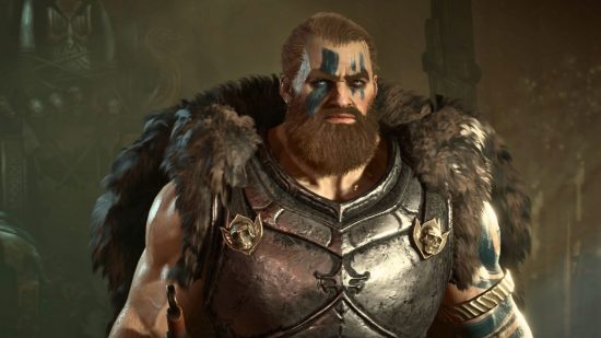 Diablo 4 endgame builds: the Barbarian stands, hulking, a fur over his shoulders