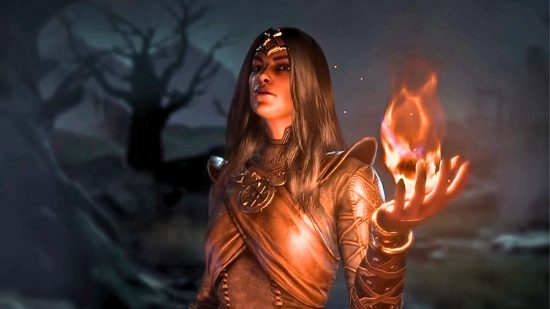 Diablo 4 endgame build: the sorcerer stands with a flame in hand, bathed in orange glow