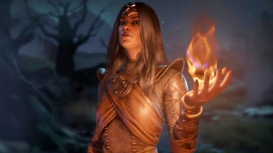 One Diablo 4 farming spot just isn't like the others: A woman with long black hair stands in the dark conjuring a flame in her right hand and looking down at the camera