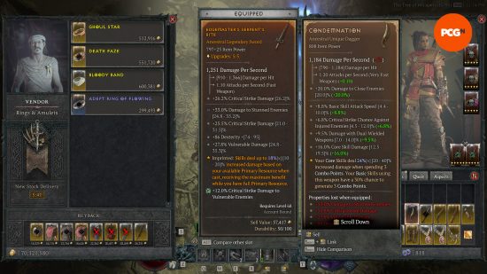 Elementos de Diablo 4: un jugador compara una daga única, Condena, con su arma legendaria equipada actualmente.