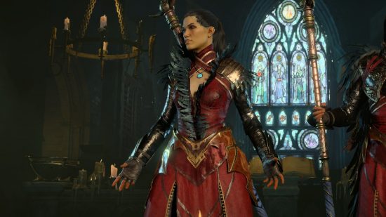 Blizzard doesn't want to "limit" your creative Diablo 4 builds: A tanned woman wearing leather armor lined with black feathers stands with her palms wide in front of a stained glass cathedral window in the dark with a crescent moon staff on her back