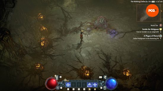 The Sorceress has come across an Outgrowth at the end of a dungeon, which has two Diablo 4 Malignant Hearts inside.