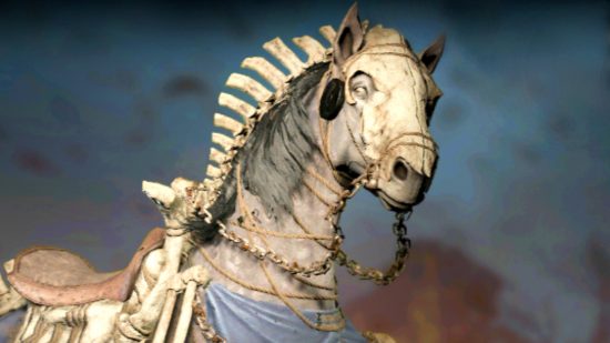 Diablo 4 mounts - a horse wearing a skeletal mask over its face gives a dramatic side-eye.