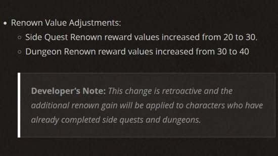 Diablo 4 season one renown changes - Blizzard patch notes reading: "Renown Value Adjustments: Side Quest Renown reward values increased from 20 to 30. Dungeon Renown reward values increased from 30 to 40."