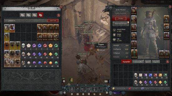 Diablo 4 storage - a character sifts through their stash tabs, with slots full of gems and unique items.