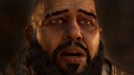 Diablo 4 unfair items - Donan, a bald man with a full beard, looks up in horror and disbelief.
