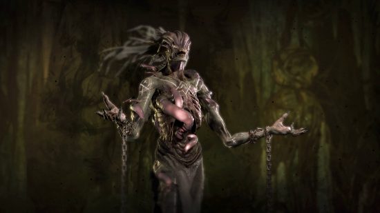Diablo 4 Varshan the Consumed is a grotesque humanoid demon with a decaying corpse, tendrils sprouting from their stomach and head, and chains wrapped around their wrists.
