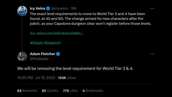 Diablo 4 world tier requirements - Tweet from Adam Fletcher reading: "We will be removing the level requirement for World Tier 3 & 4."