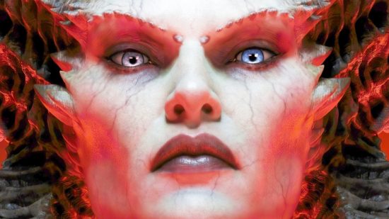 Diablo 4 fast XP: A horned demon with piercing eyes, Lilith from Blizzard RPG game Diablo 4