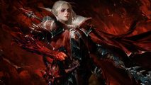 Best Diablo Immortal Blood Knight builds: A woman with white long hair wearing red and black armor with glowing red eyes holds a polearm in her hand standing on a black and red background