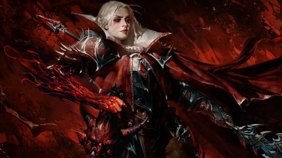 Best Diablo Immortal Blood Knight builds: A woman with white long hair wearing red and black armor with glowing red eyes holds a polearm in her hand standing on a black and red background