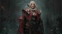 The Diablo Immortal Blood Knight is the exact opposite of WoW's: A woman with long white hair stands on a shadowy background wearing blood red, spiked armor with a long polearm in her hand