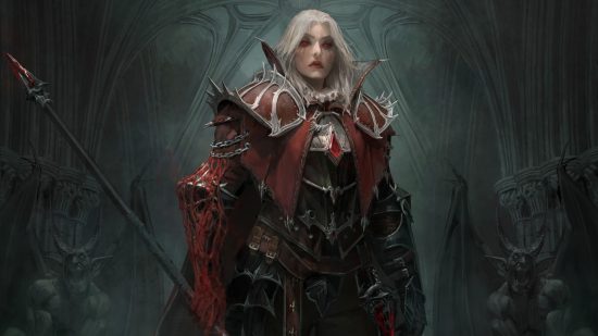 The Diablo Immortal Blood Knight is the exact opposite of WoW's: A woman with long white hair stands on a shadowy background wearing blood red, spiked armor with a long polearm in her hand