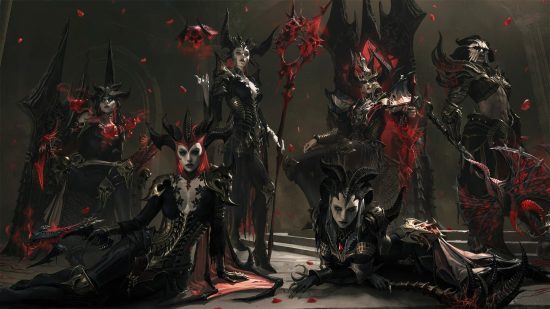 A collection of warriors in black armor in red helmets with huge curved horns stand together looking at the camera, some lying on the floor