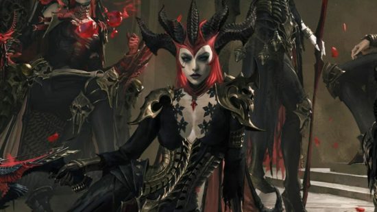 Diablo Immortal won't have time travel, but it may have more Diablo 4: A woman wearing a red helmet with black curved horns and an ornate black and gold dress lies on the ground holding a crossbow in her right hand