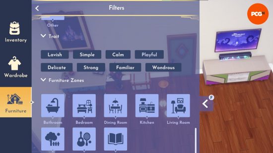 Dreamlight Valley DreamSnaps: The filter screen in the furniture menu showing a selection of item traits.