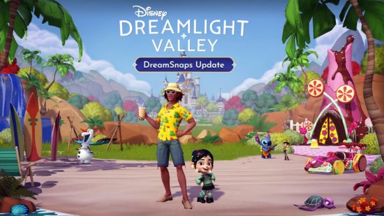 Postava hráča stojí vedľa princeznej Vanellope v letnej scéne a oslavuje ďalšiu aktualizáciu Dreamlight Valley