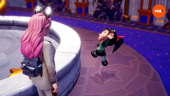 How to unlock Vanellope in Dreamlight Valley: A pink-haired player character stands in front of Vanellope as she jumps in the air with joy.