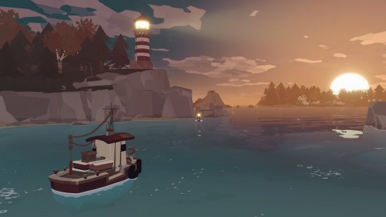 An animated fishing boat floating on still blue seas with a red and white lighthouse on the cliff to the left as the sun sets over a forested island in the distance