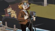 New Dredge update lets you fish in peace and take cute photos: A drawing of a woman holding an old fashioned mounted camera wearing a brown suit and hat with round glasses stands on a pier in front of an island with a boat docked on it