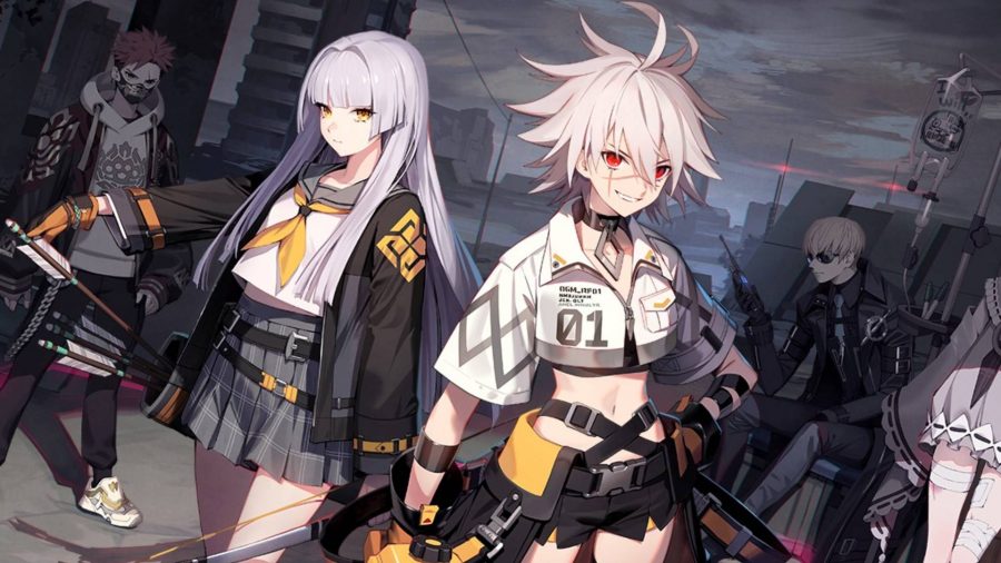 Two women with silver hair in futuristic military outfits stand in a cityscape area