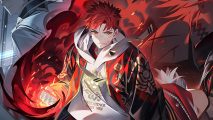 New Steam MOBA is Genshin Impact meets League of Legends: A red haired anime man earing a black bomber jacket with fire swirling around his fist