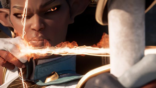 You can get free Evercore Heroes codes right now, but act fast: A black elf woman with glowing orange eyes pulls back the string on a white bow and arrow with an arrow made of fire