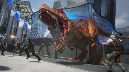 Exoprimal review - Overwatch with boring dinosaurs: a huge T-Rex with glowing red eyes roars at soldiers running away from it, splattering then with saliva