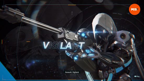 A robot wearing a white hood looks down the barrel of a sniper rifle and prepares to fire with 'VALIANT' written across the screen