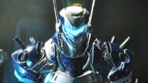 Exoprimal tier list - a blue Exosuit stares at the camera with its bright blue visor.