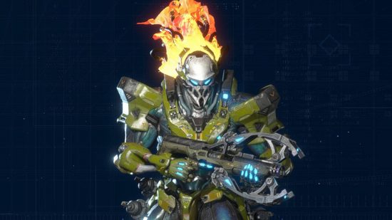 The Barrage Exosuit has a fiery helm and its grenades make it the top Assault class of the Exoprimal tier list.