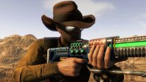 Fallout 4 New Vegas - a man in a cowboy hat and large shades aims an energy rifle.