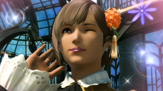 FFXIV 6.5 Growing Light patch details - a woman winks as she poses, showing off a bright orange flower in her hair.